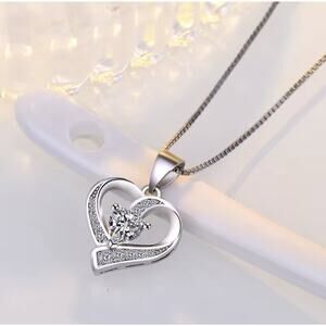 Double Heart Shaped Pendant Chain Sterling Silver CZ Gift For Her ￼